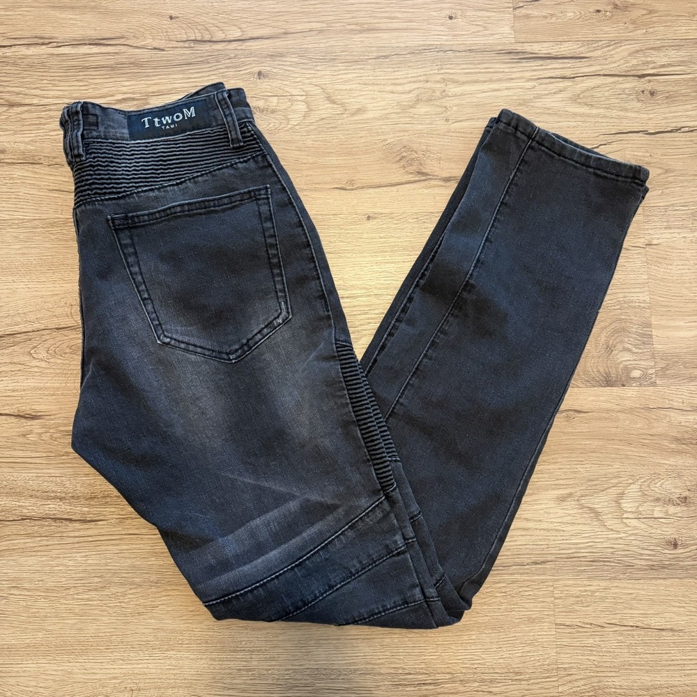 T2M Biker Moto Zipper Distressed Ribbed Black Wash Denim Jeans Men's Size 30x31